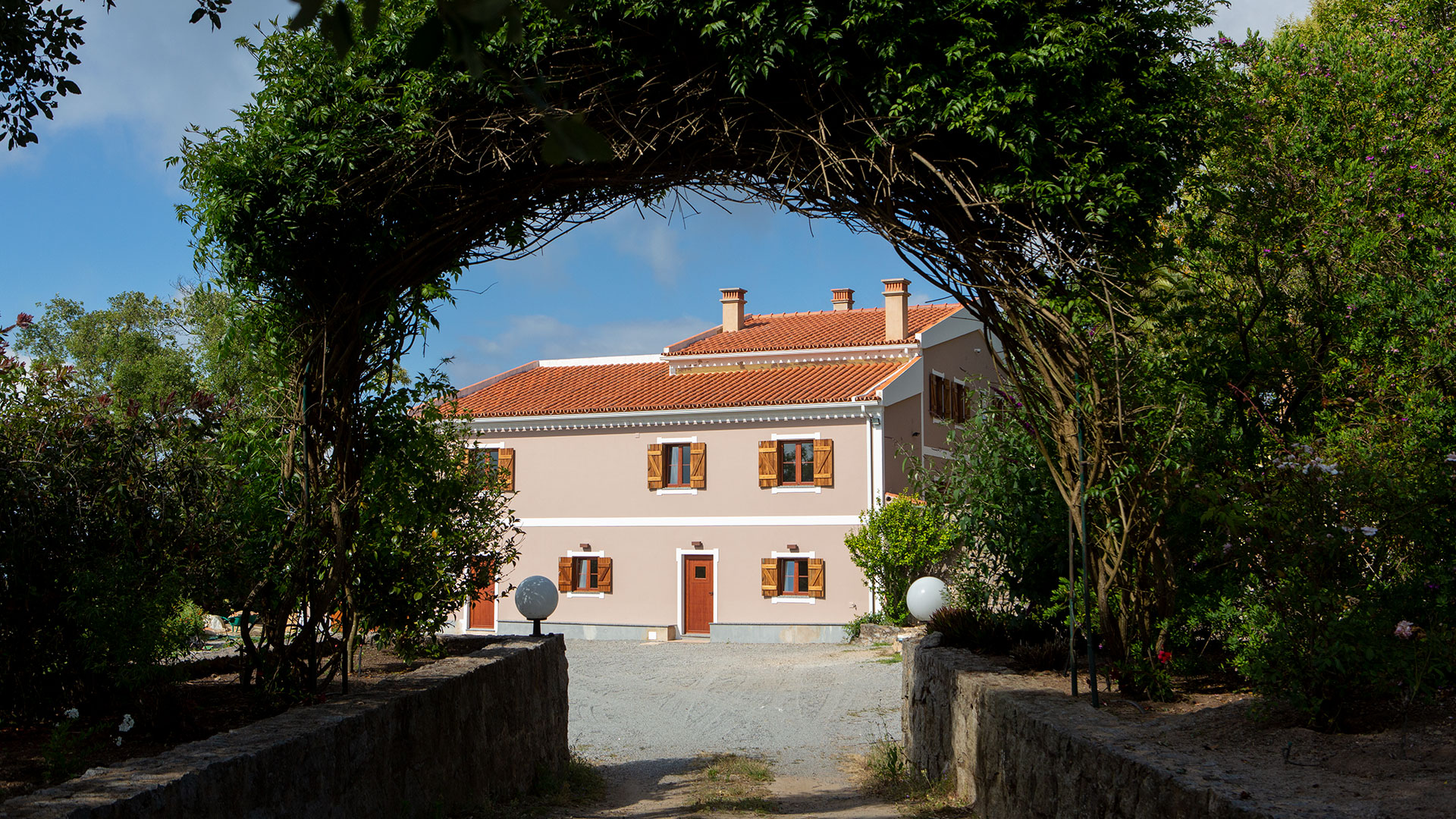 Vine archway leading to Bodhi Bhavan through terraced gardens