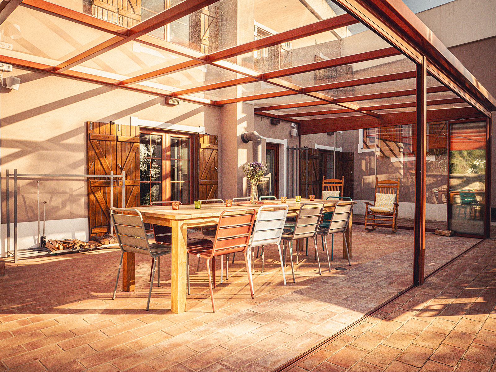 Covered terrace dining area at Bodhi Bhavan